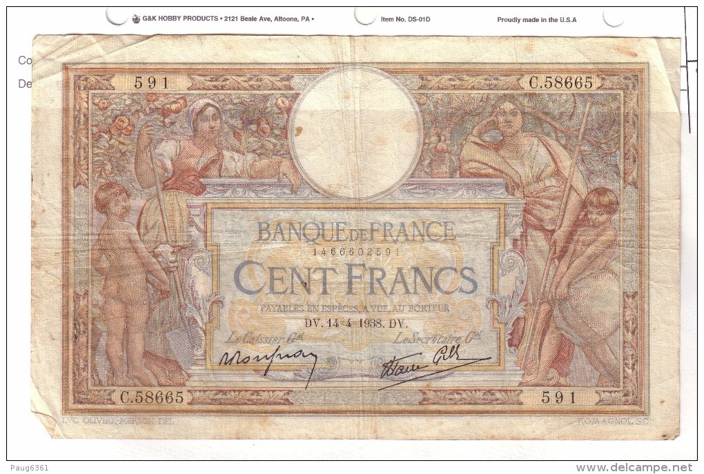 BILLET 100 FRANCS BON ETAT GENERAL 14/04/1938 - 100 F 1908-1939 ''Luc Olivier Merson''