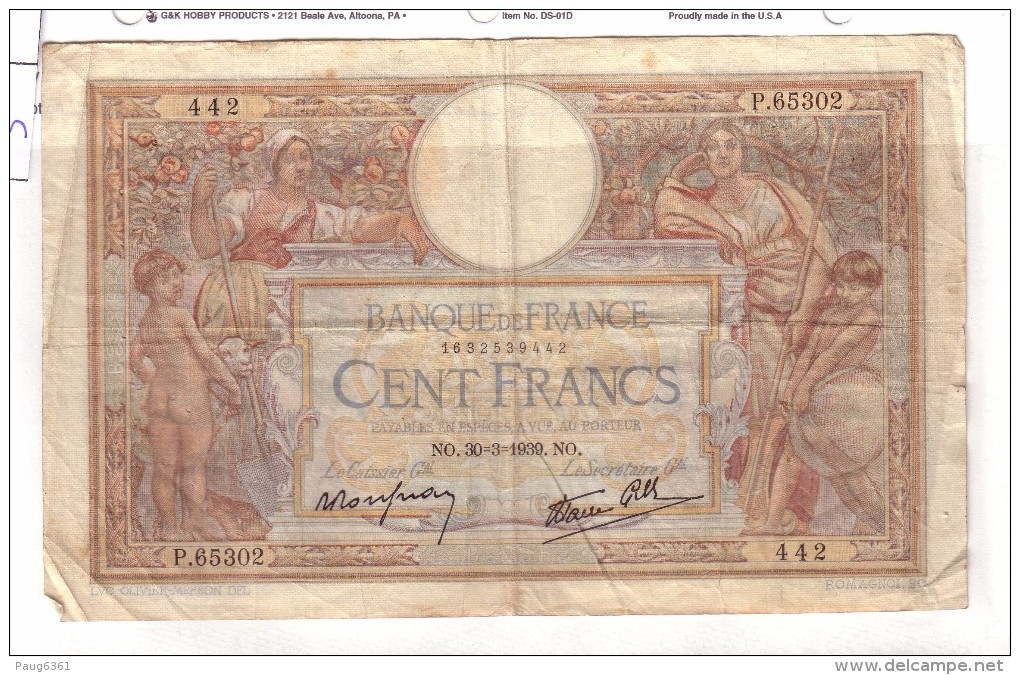 BILLET 100 FRANCS BON ETAT GENERAL 30/03/1939 - 100 F 1908-1939 ''Luc Olivier Merson''