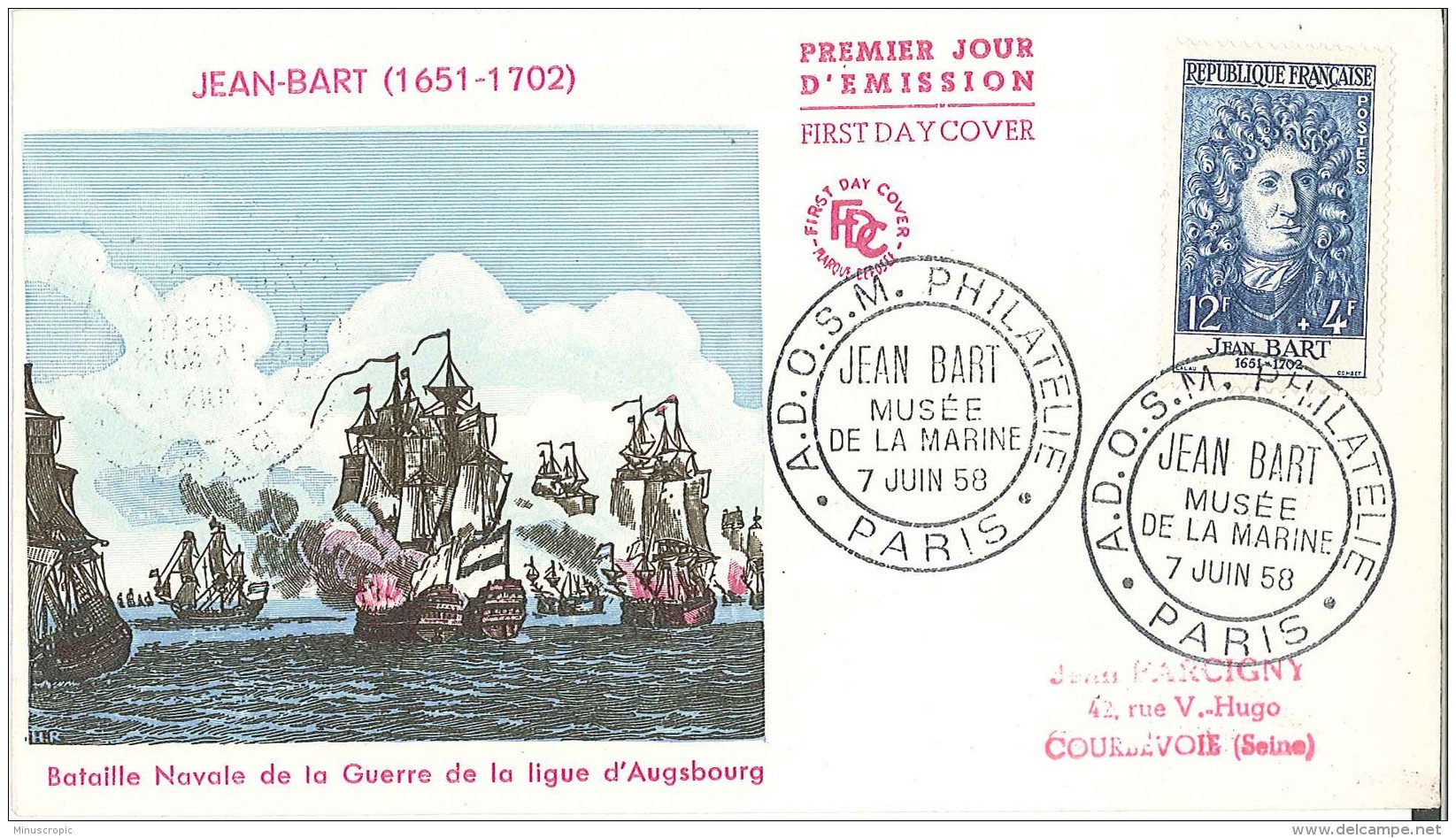 FDC France - Jean Bart - Bataille Navale De La Guerre De La Ligue D'Augsbourg - Paris - 1958 - 1950-1959