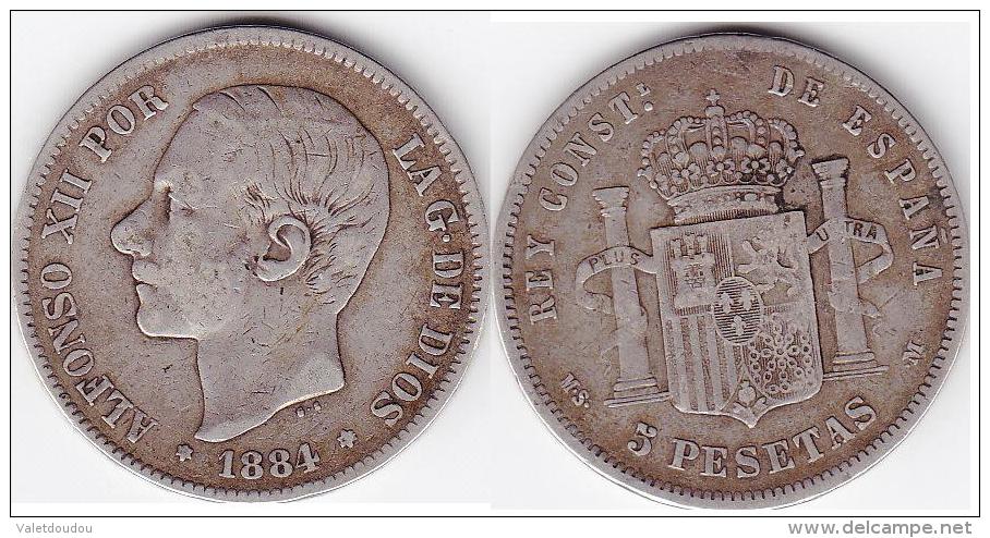 ESPAGNE ALPHONSE XII 5 Pesetas 1884 Argent TB+ - Autres & Non Classés