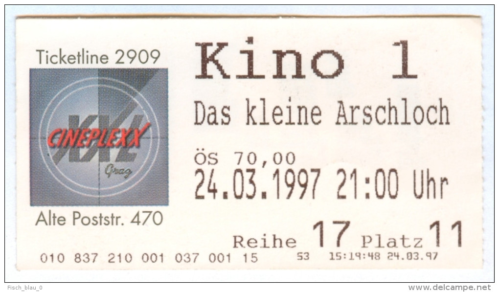 Eintrittskarte Kino "Das Kleine Arschloch" Kleines Walter Moers 1997 Comic Graz Biglietto Entrada Kaartje Bilet Ticket - Tickets - Entradas