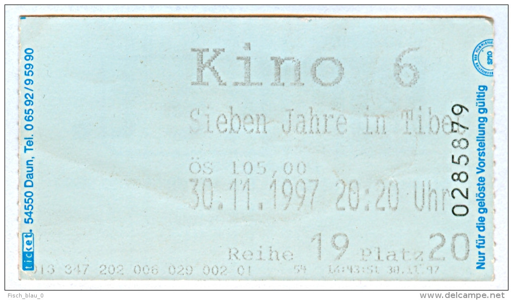 Eintrittskarte Kino "Sieben Jahre In Tibet" Jean-Jacques Annaud Brad Pitt 1997 Biglietto Entrada Kaartje Bilet Ticket - Tickets - Vouchers