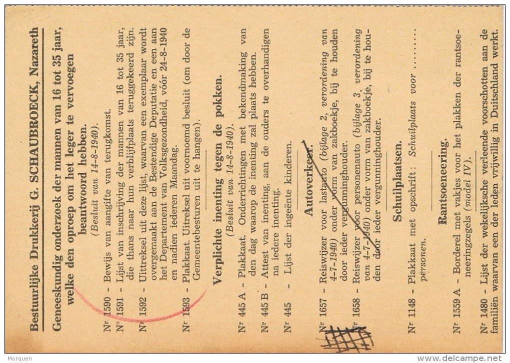 17871. Tarjeta Privada Preobliterado  NAZARETH (Belgien) 1940. Roulotte. Imprenta - Typos 1936-51 (Petit Sceau)