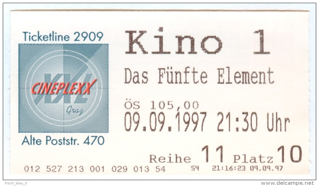 Eintrittskarte Kino Das Fünfte Element The Fifth Element Bruce Willis 1997 Film  Le Cinquième Élément Bilet Ticket Movie - Eintrittskarten