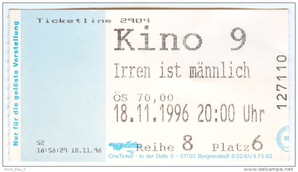 Eintrittskarte Ticket Kino Irren Ist Männlich Corinna Harfouch Herbert Knaup 1996 Biglietto Entrada Kaartje Bilet Ticket - Eintrittskarten