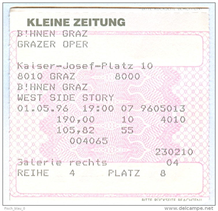 Ticket Eintrittskarte Musical "West Side Story" 1996 Graz Grazer Oper Steiermark Biglietto Entrada Kaartje Bilet - Eintrittskarten
