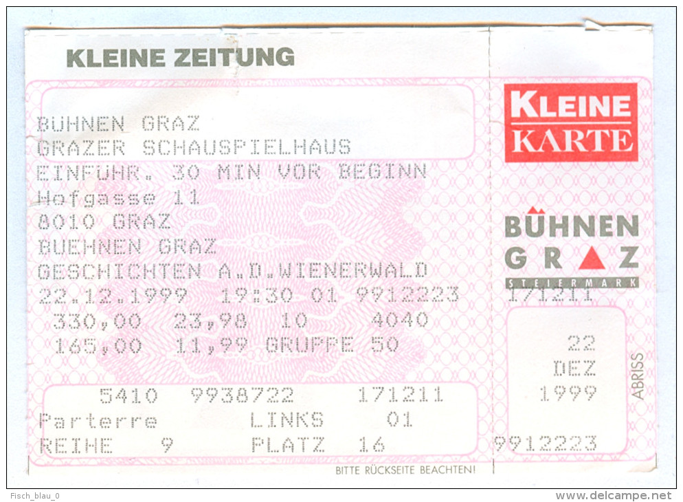 Ticket Eintrittskarte Theater "Geschichten Aus Dem Wienerwald" Bühnen Graz 1999 Biglietto Entrada Kaartje Bilet Austria - Eintrittskarten
