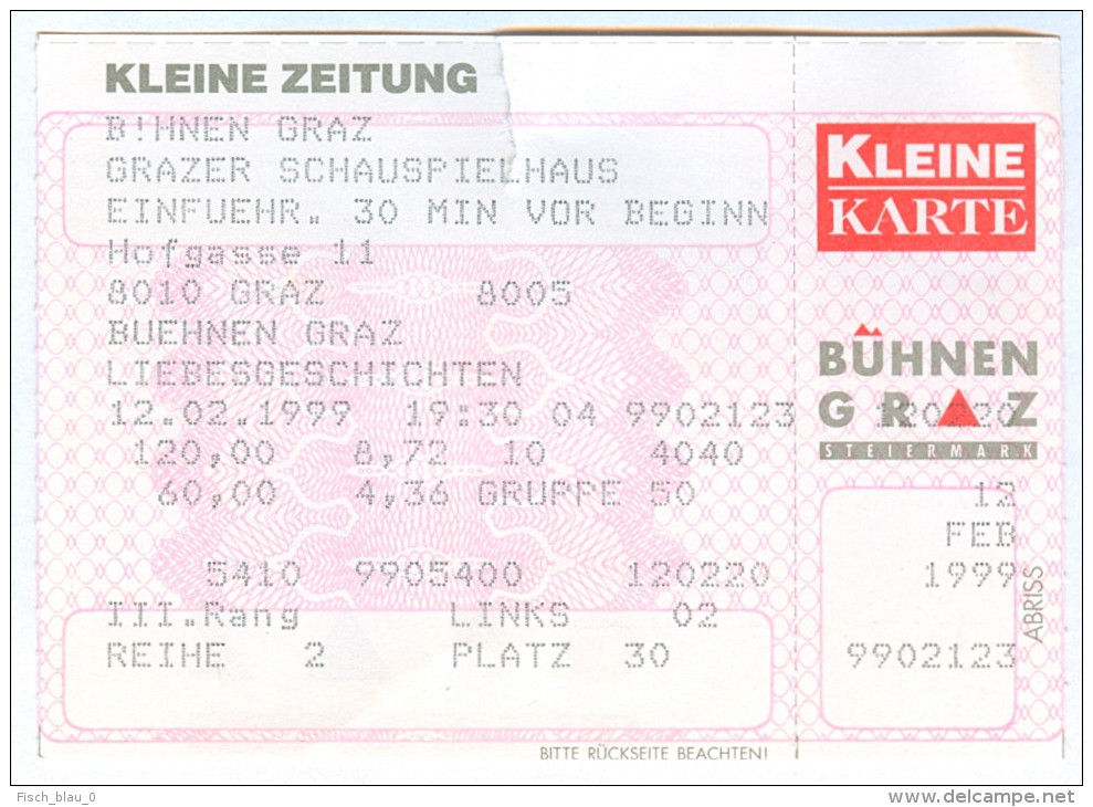 Ticket Eintrittskarte Theater Liebesgeschichten Bühnen Graz Schauspielhaus 1999 Biglietto Entrada Kaartje Bilet Grazer - Eintrittskarten