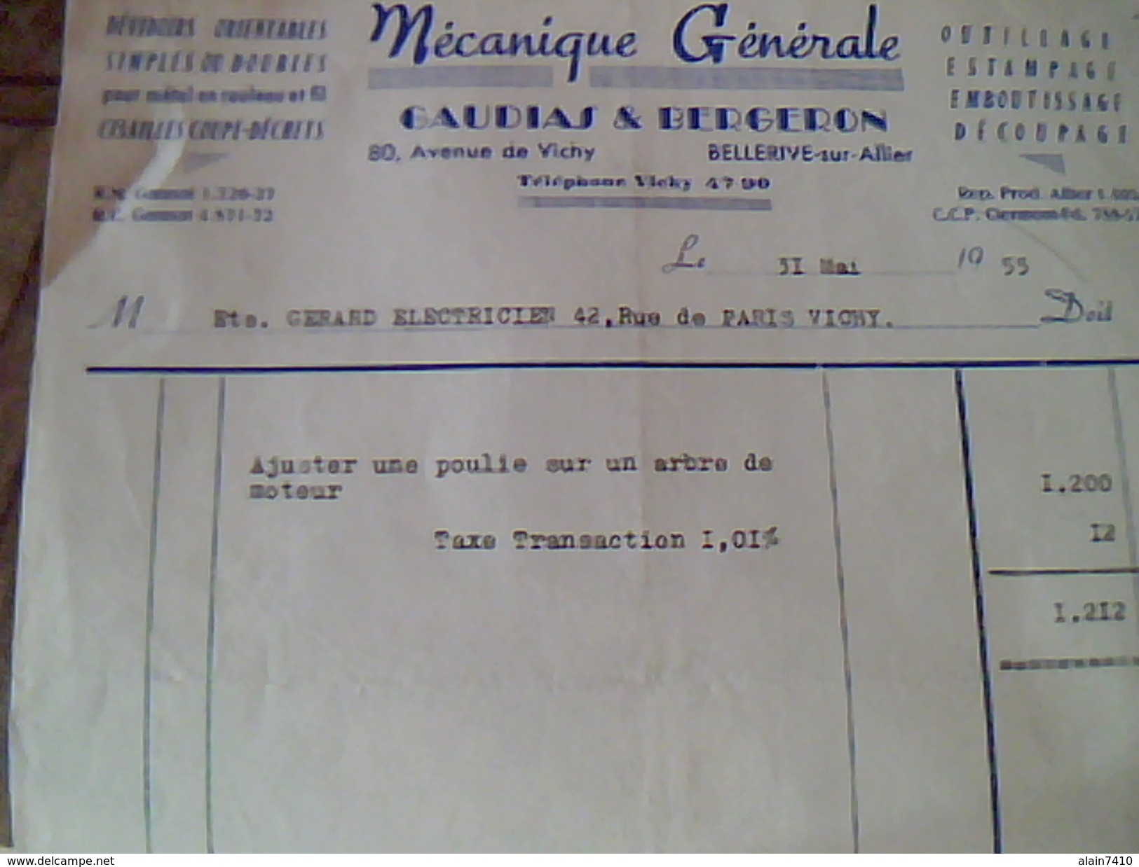 Vieux Papiers Facture Mecanique Generale Gaudias & Bergeron A Bellerive Sur Allier Annee 1955 - Autres & Non Classés