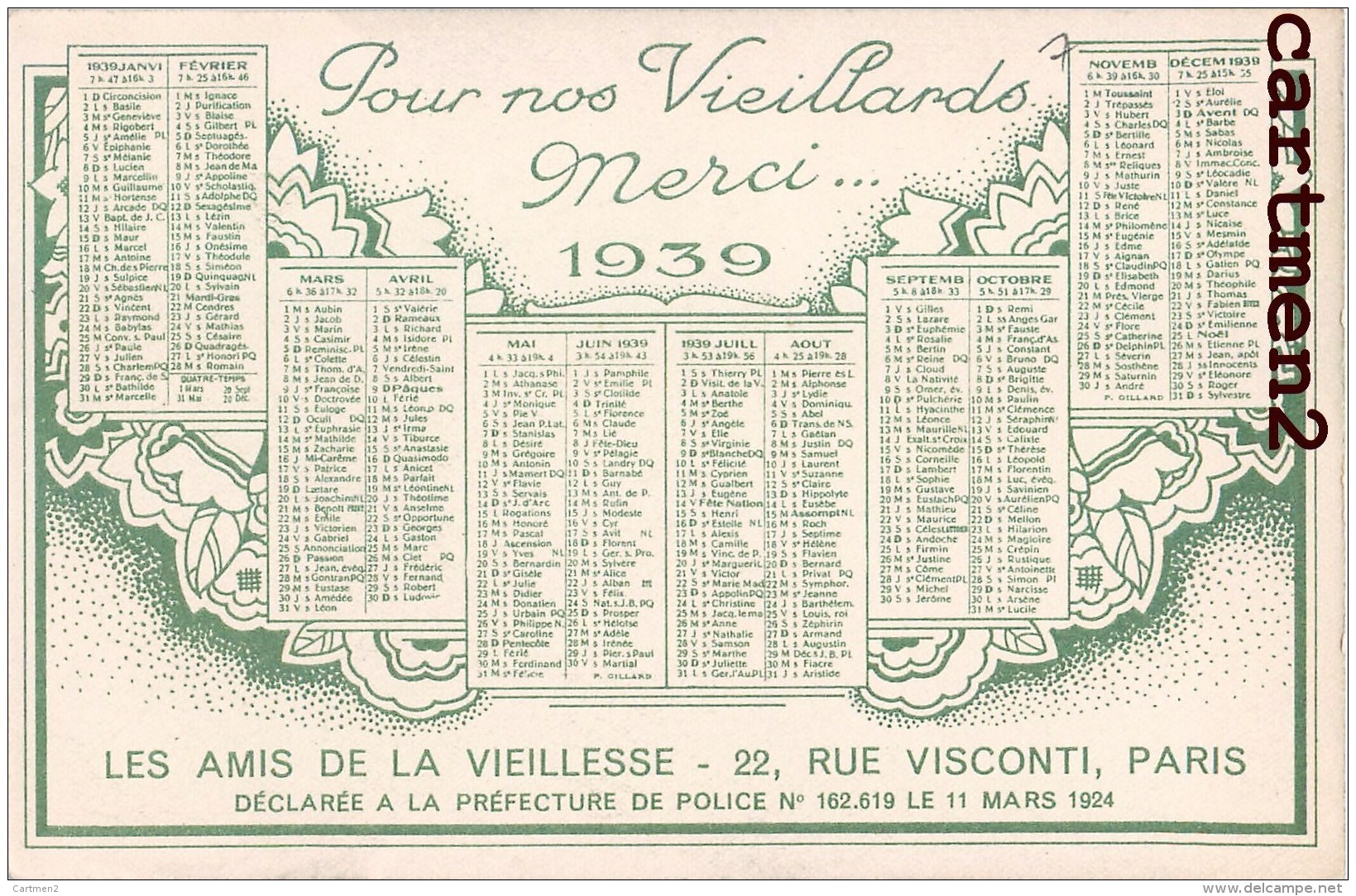 CALENDRIER ANNEE 1939 LES AMIS DE LA VIEILLESSE 22 RUE VISCONTI PARIS ASSOCIATION CARITATIVE ILLUSTRATEUR - Sindacati