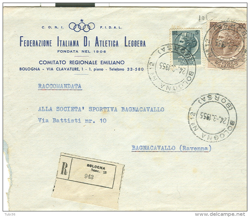 CONI-FEDERAZIONE ITALIANA ATLETICA LEGGERA,BOLOGNA, BUSTA COMM. RACCOMANDATA,1955,POSTE BOLOGNA BORSA, - Athlétisme