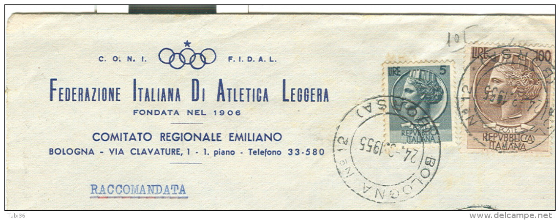 CONI-FEDERAZIONE ITALIANA ATLETICA LEGGERA,BOLOGNA, BUSTA COMM. RACCOMANDATA,1955,POSTE BOLOGNA BORSA, - Atletica