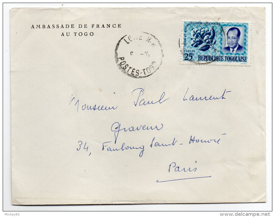 Togo--Lettre De LOME R.P Pour PARIS (France)--timbre Seul Sur Lettre Personnalisée "Ambassade De France" - Togo (1960-...)