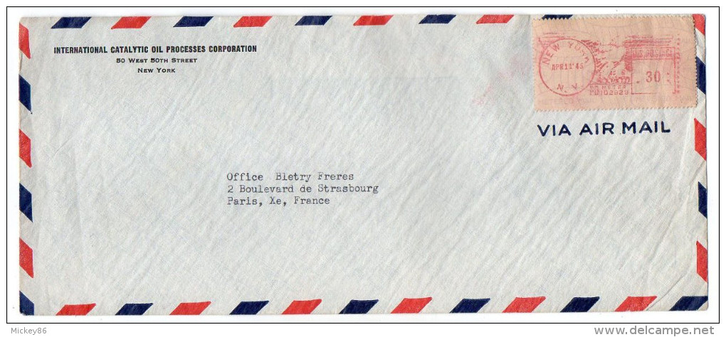 USA-1945--Lettre De NEW YORK Pour PARIS (France)--vignette Machine à Affranchir N°PD Meter 102929-30c - Lettres & Documents