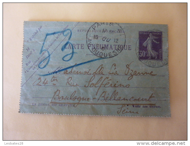 CARTE LETTRE  PNEUMATIQUE   Semeuse 30 Ct Violet Sans Date  Obliteration Daguin Double  Paris Avenue Duquesne  AV 2016 - Neumáticos