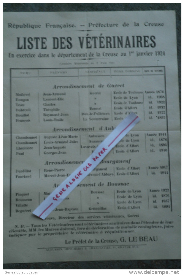 23 - AUBUSSON - GUERET-BOURGANEUF-BOUSSAC-AFFICHE LISTE DES VETERINAIRES 1924-VETERINAIRE- LA SOUTERRAINE-AUZANCES-EVAUX - Plakate