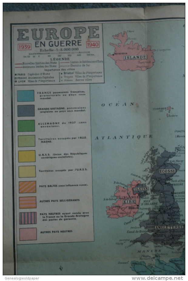 GUERRE 1939-1945- WW2- AFFICHE ORIGINALE  -  PARIS SOIR- EUROPE EN GUERRE 1939-1940-FRANCE-ALLEMAGNE-URSS-SUEDE-FINLANDE - Plakate