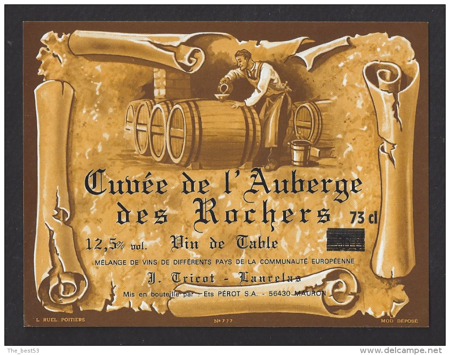 Etiquette De Vin De Table  -  Auberges Des Rochers J. Tricot à Lanrelas  (22)  -  Ets Pérot à Mauron (56) - Sonstige & Ohne Zuordnung