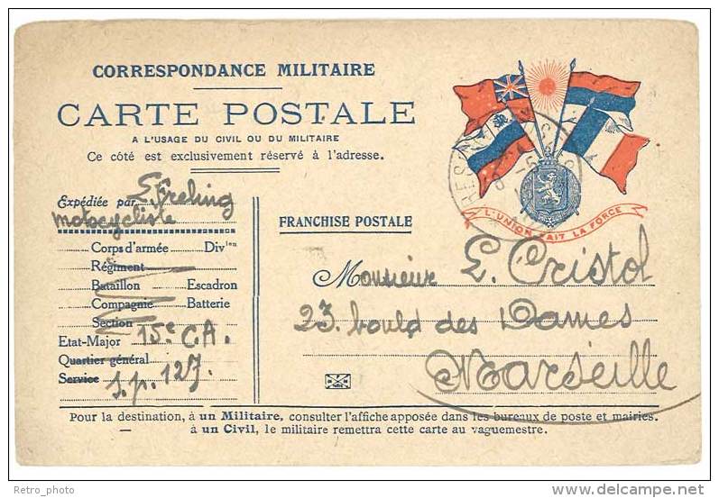 Carte Postale Franchise Militaire, Correspondance Militaire, Trésor Et Postes, Adressée à Marseille - Altri & Non Classificati