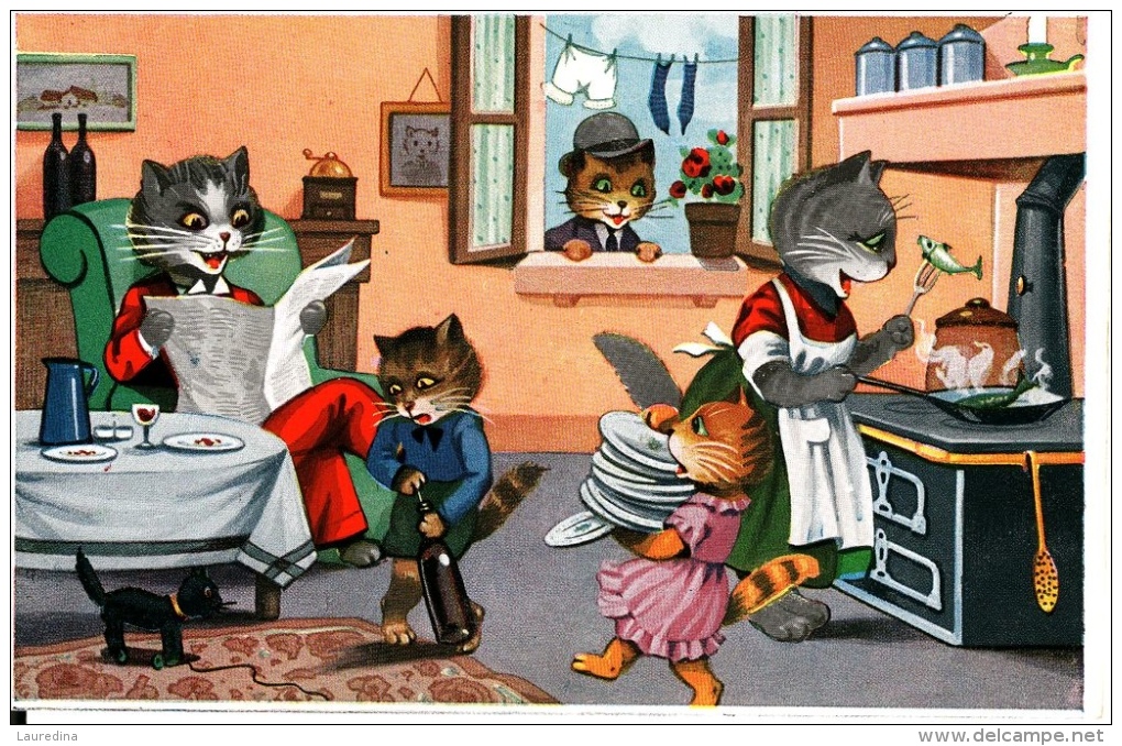 CP  ANIMAUX HABILLES - CHATS - A LA CUISINE - Dressed Animals