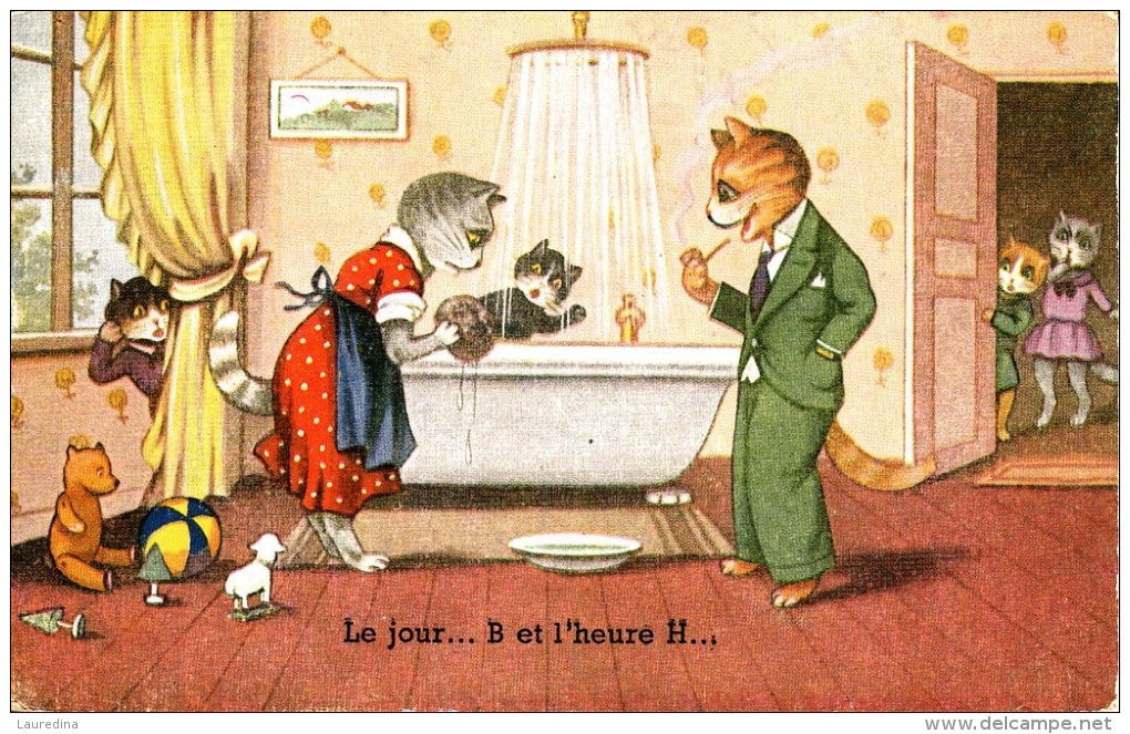 CP  ANIMAUX HABILLES - CHATS - LE JOUR….B ET L´HEURE H…. - Animaux Habillés