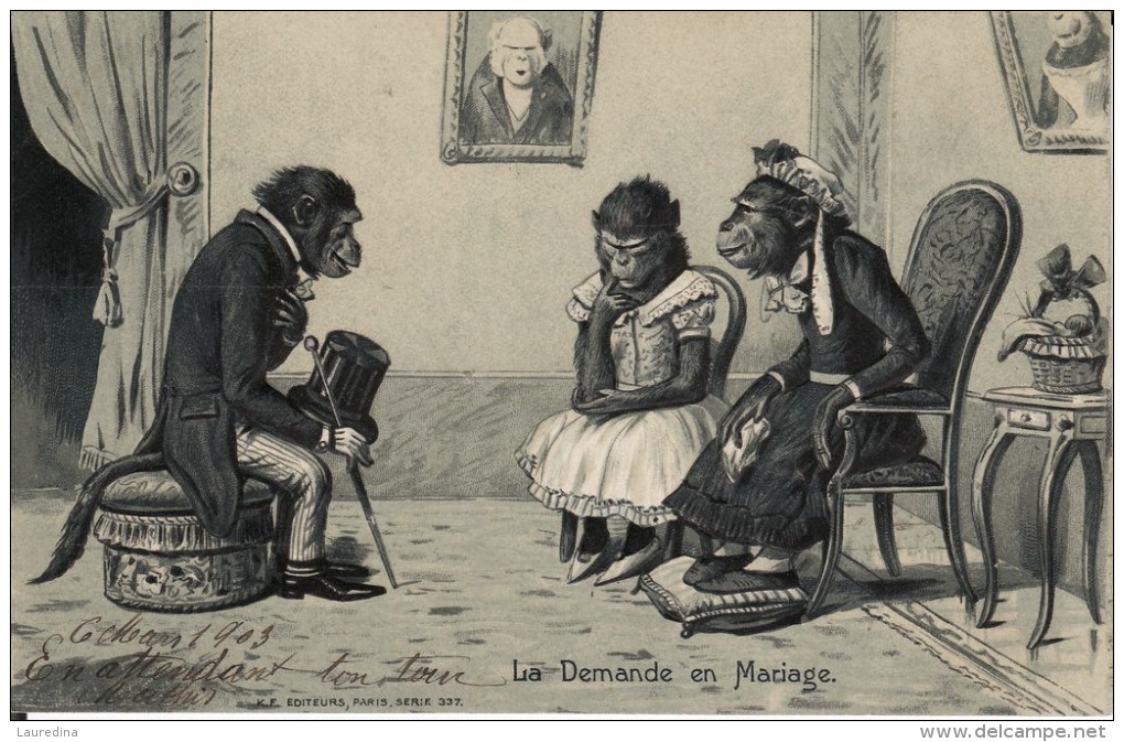 CP  ANIMAUX HABILLES - SINGES - LA DEMANDE EN MARIAGE -ECRITE EN 1903 "CARTE GAUFREE) - Animales Vestidos