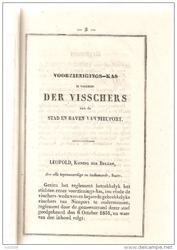 1851 -VOORZIENIGINGS-KAS  DER VISSCHERS Van De Stad En Haven Van NIEUPORT 1851 16p. - Pêche