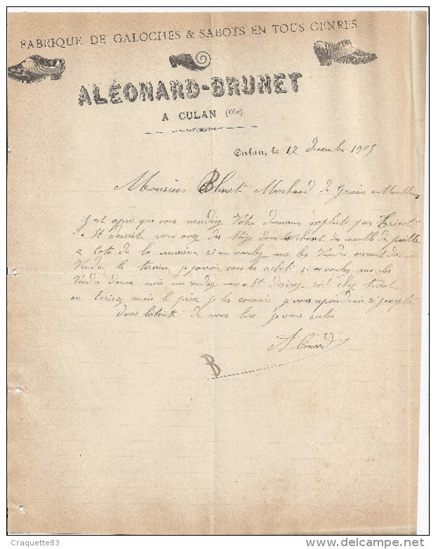FABRIQUE DE GALOCHES & SABOTS EN TOUS GENRES   ALEONARD -BRUNET   CULAN CHER 1905 - Textile & Vestimentaire