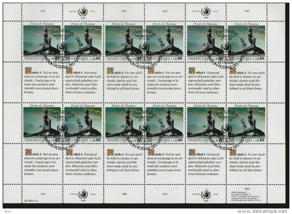 UNO UN Genf 1989, Michel Nr.n 180 + 181 FDC Je X12, 3 Scans, 2 Kleinbögen, Menschenrechte, Droits De L'homme - Oblitérés