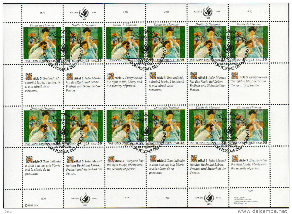 UNO UN Genf 1989, Michel Nr.n 180 + 181 FDC Je X12, 3 Scans, 2 Kleinbögen, Menschenrechte, Droits De L'homme - Oblitérés