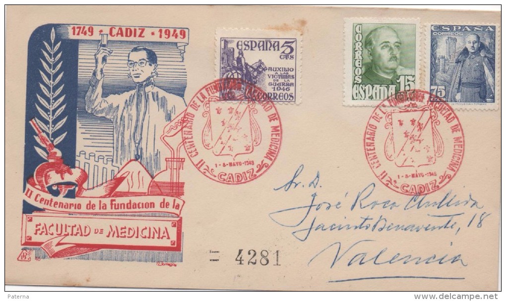 3017   Carta Certificada Cadiz 1949, Facultad Medicina , Carteria De Valencia Al Dorso - Cartas & Documentos