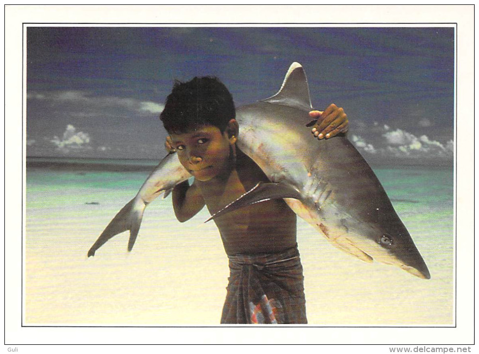 Asie > MALDIVES  (B) Islands White Tipped Shark Carried By A Young Child (enfant -requin à Pointe Blanche)   *PRIX FIXE - Maldiven