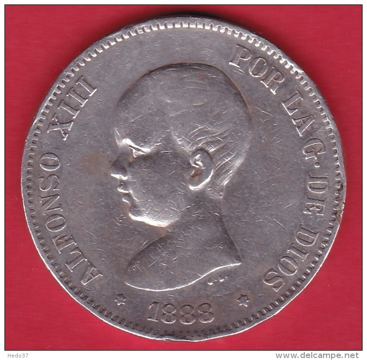 Espagne - 5 Pésétas 1888 - Alfonso XIII - Argent - TB - Autres & Non Classés