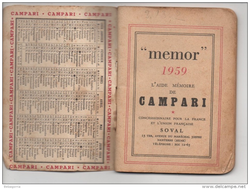 PETIT CALENDRIER PUBLICITAIRE CAMPARI " MEMOR " 1959 -  L' AIDE MEMOIRE DE CAMPARI, VOIR SCAN - Petit Format : 1941-60