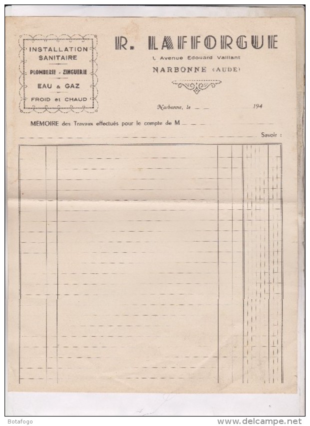 FEUILLE DE MEMOIRE DE TRAVAUX R.LAFFORGUE PLOMBIER A NARBONNE - Other & Unclassified