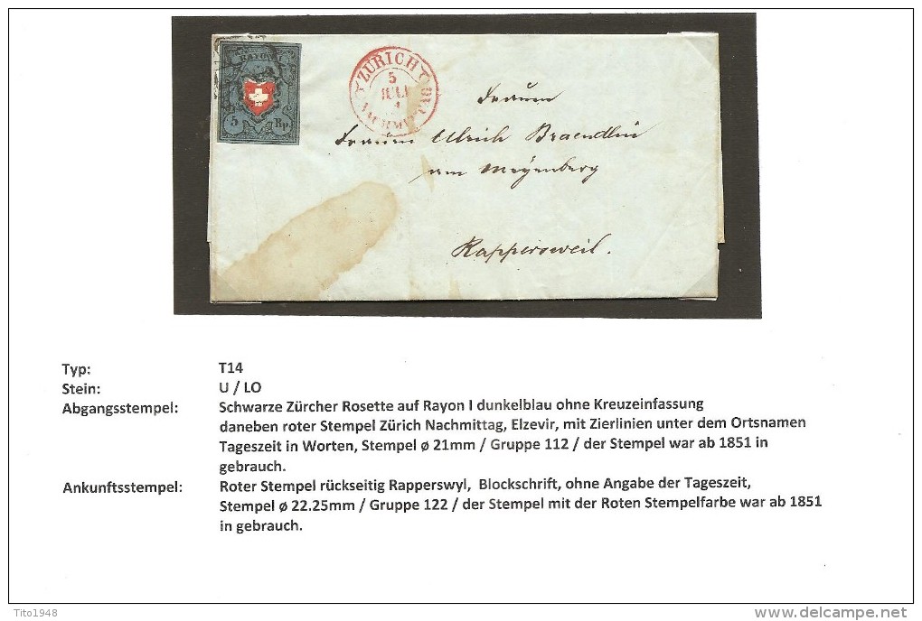 Schweiz, 1851, Rayon I, Dunkelblau, T14, U/LO, Allseitig Vollrandig Auf Faltbrief Nach Rapperswil, Siehe Scans! - Covers & Documents