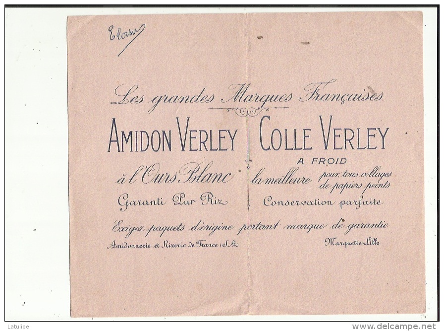 Buvard G F 21 X 24  ( AMIDON VERLEY__COLLE VERLEY A Froid A L'Ours Blanc-Amidonnerie-Rizerie De France A Marquette-les-L - L