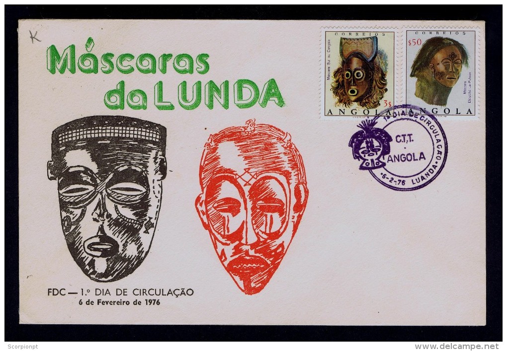 Masks Mascaras Cultures Fdc LUNDA Region Cover Angola 1976 Portugal Sp3990 - Costumi