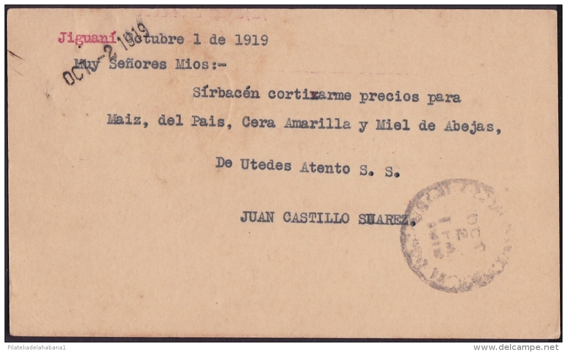 1907-EP-23 CUBA REPUBLICA. 1907. POSTAL STATIONERY. Ed.72. 2c. TARJETA CESPEDES. JIGUANI. 1919. - Lettres & Documents