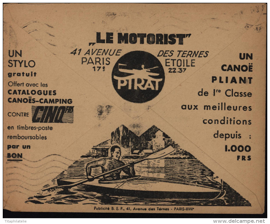 Enveloppe Illustrée Chèques Postaux Paris PTT Camping Canoé Pirat Le Motorist Stylo Gratuit - 1921-1960: Période Moderne