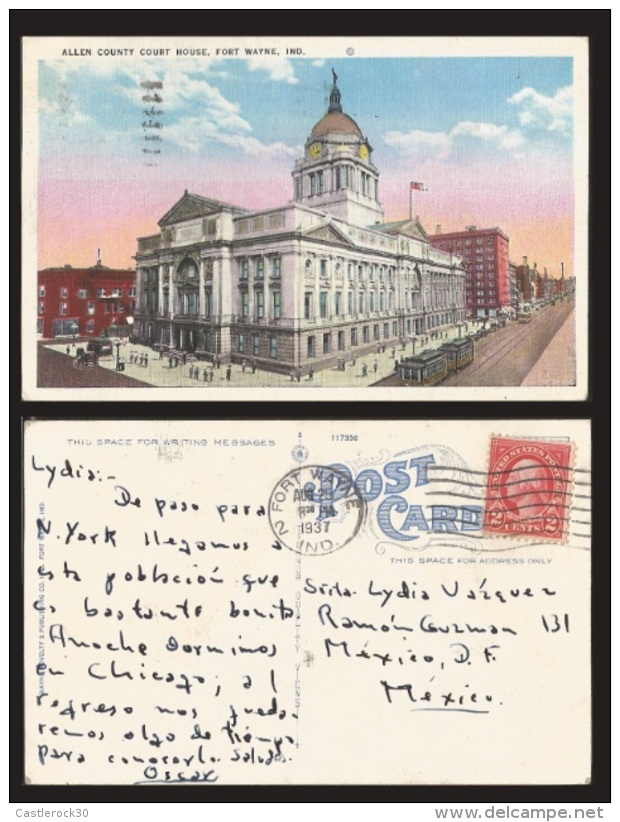 B)1937 USA, TWO CENTS RED WASHINGTON, BUILDING, ARCHITECTURE, ALLEN COUNTRY COURT HOUSE, FORT WAYNE,  POSTCARD - Fort Wayne