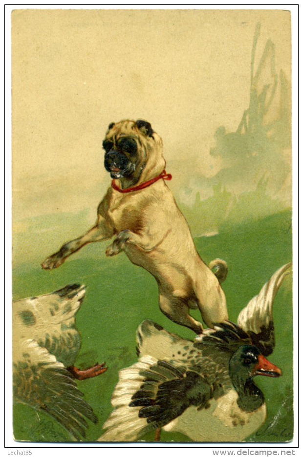 CPA Fantaisie Gaufrée Avant 1906  --  Chien Bulldog Et Oies - Perros