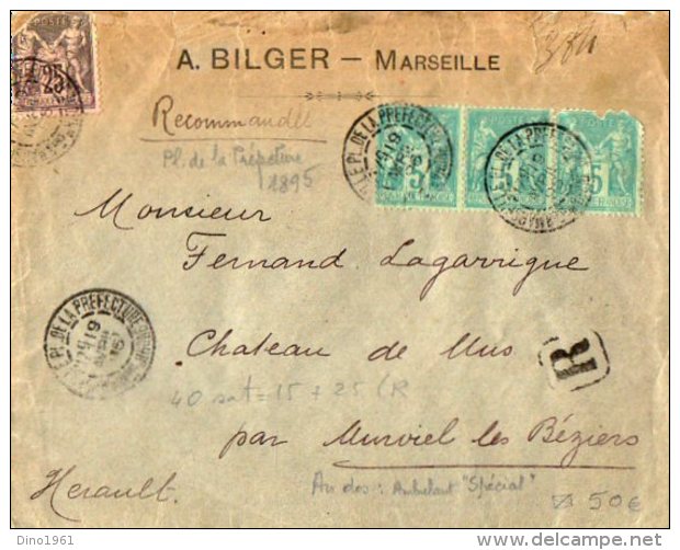 TB 1003 - LSC - Lettre Recommandée De MARSEILLE Pour MURVIEL LES BEZIERS Via TARASCON - SETE Spécial - 1877-1920: Période Semi Moderne