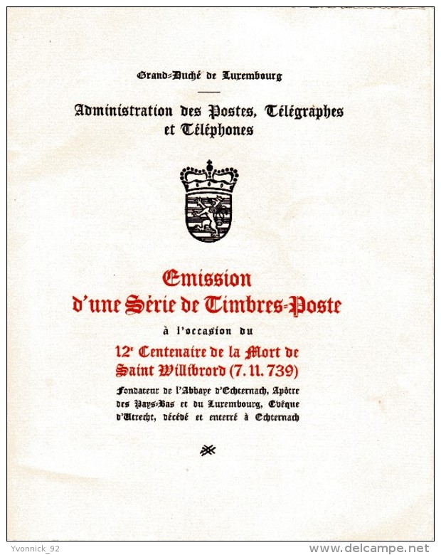 Luxembourg _ Emission N° 003932 Série De Timbres. - 12é Cent. De La Mort De Saint Willibrord (1938 ) - Cartes Commémoratives