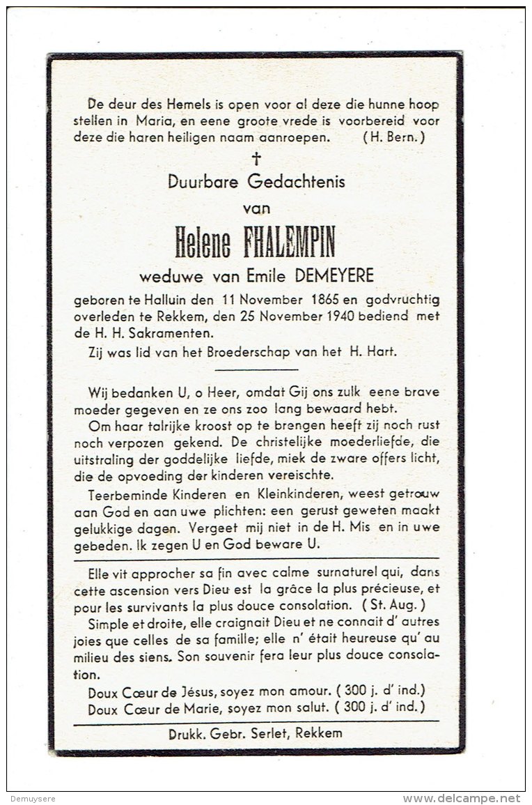 1006 HELENE FHALEMPIN HALUIN 1965 + REKKEM 1940 - Imágenes Religiosas