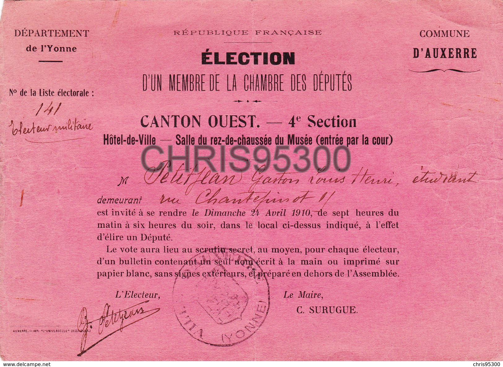 CARTON INVITATION VOTE - AUXERRE 89 YONNE - ELECTION DEPUTE - POLITIQUE - HOTEL DE VILLE SALLE DU MUSEE - 1910 - Collections