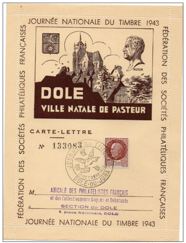 JOURNEE DU TIMBRE   1943  DOLE Du JURA     Carte-Lettre Obl. 10 Octobre 43   Côte :  20 Euros - 1921-1960: Période Moderne