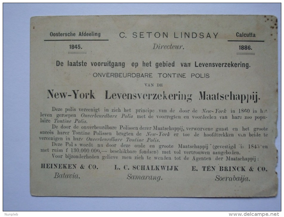 NETHERLANDS INDIES 1886 STATIONARY CARD PRINTED WITH INVESTMENT COMPANY TONTINE NEW YORK LEVENSVERZEKERING MAATSSCHAPPIJ - Niederländisch-Indien