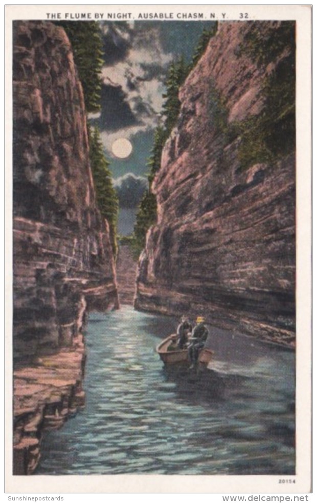 The Flume By Night Ausable Chasm New York Curteich - Adirondack