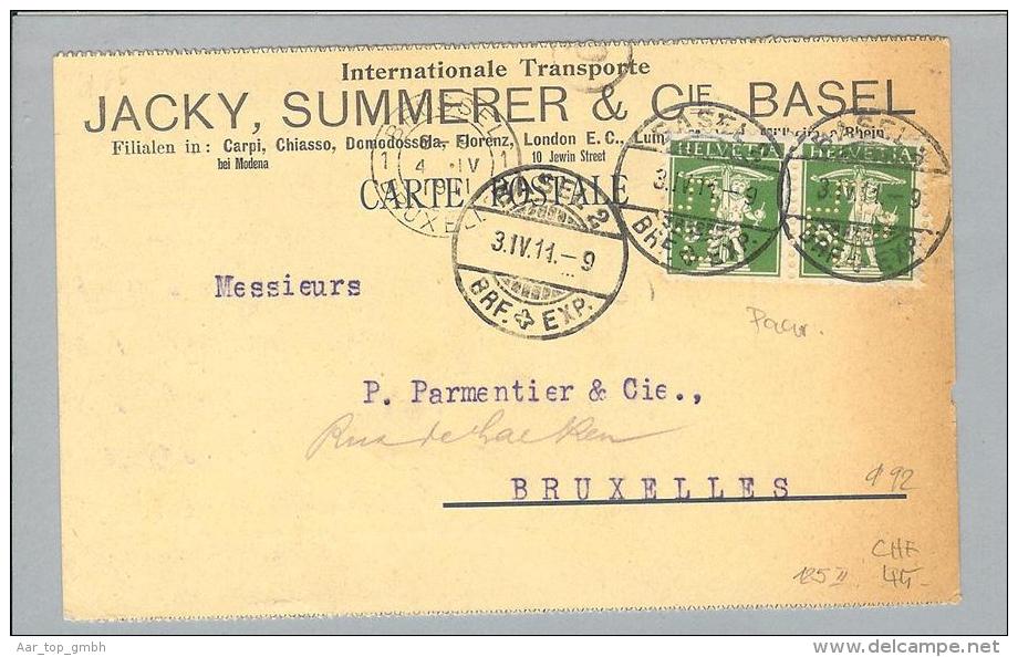 Schweiz Tellknabe 1911 Perfin Beleg D092 Jacky,Summerer & Cie Basel - Lettres & Documents